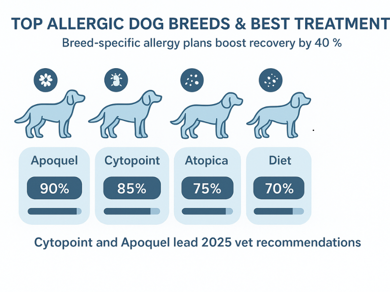 Infographic showing the top allergic dog breeds and their most effective treatments, with dog icons, allergen symbols, and treatment success rates for Apoquel, Cytopoint, Atopica, and Diet plans.