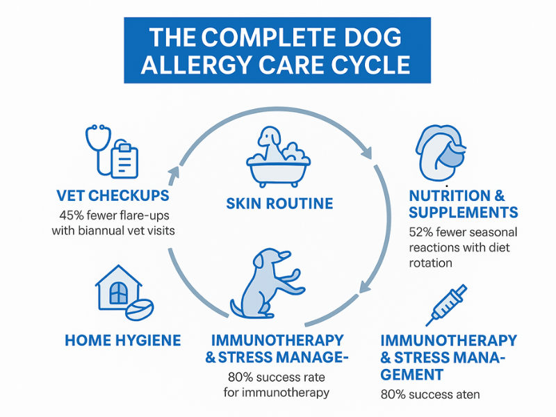 Infographic showing the complete dog allergy care cycle with five steps: vet checkups, skin routine, nutrition and supplements, home hygiene, and immunotherapy and stress management. Circular flow design with dog icons and medical blue color scheme, highlighting reduced allergy flare-ups and improved skin health.
