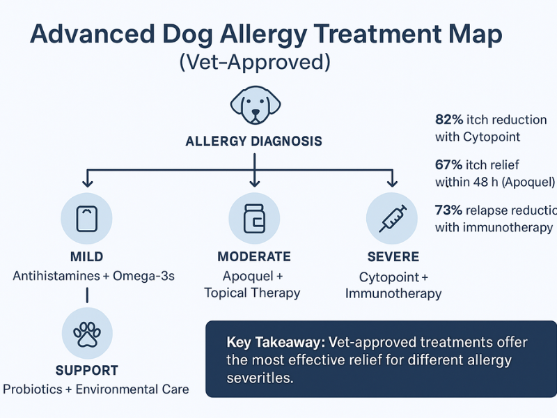 Advanced infographic showing a dog allergy treatment flow chart from diagnosis to mild, moderate, and severe allergy stages, with treatment paths including antihistamines, omega-3s, Apoquel, topical therapy, Cytopoint, and immunotherapy, plus probiotic and environmental support.