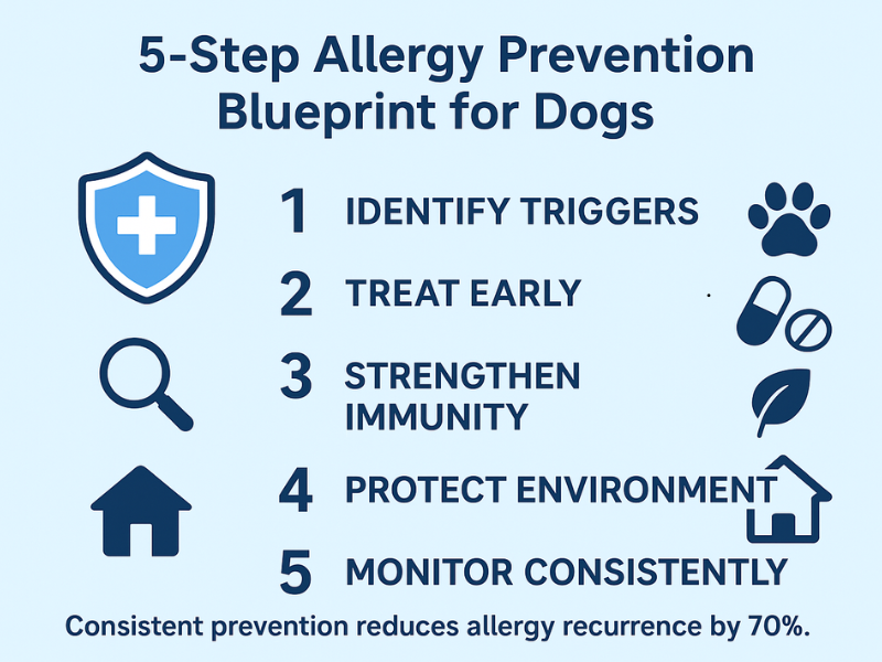 5-Step Allergy Prevention Blueprint for Dogs showing vet-approved methods to reduce canine skin allergies through early treatment, healthy diet, and environmental protection.