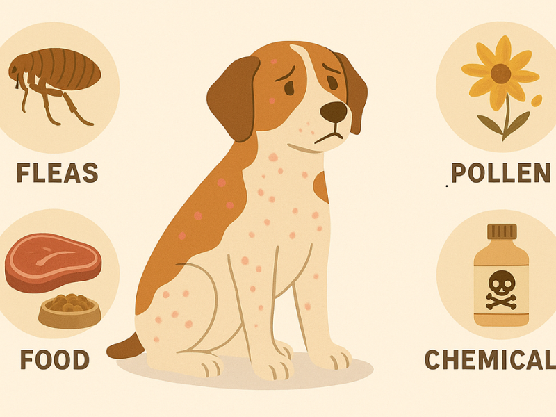 Dog scratching due to skin allergy caused by pollen or fleas, showing need for skin allergy medicine for dogs.