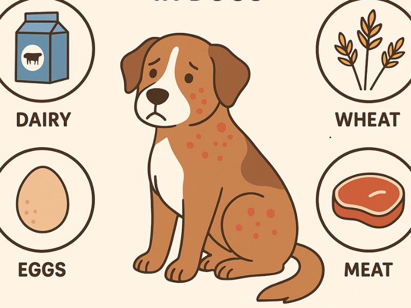 Hypoallergenic dog food bowl with vegetables and lean meat for dogs suffering from skin allergies.