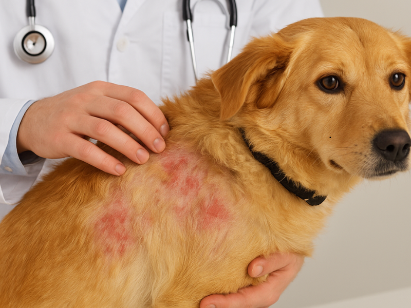 Veterinarian examining a dog’s red skin patches to diagnose allergic dermatitis and recommend the right skin allergy medicine for dogs.