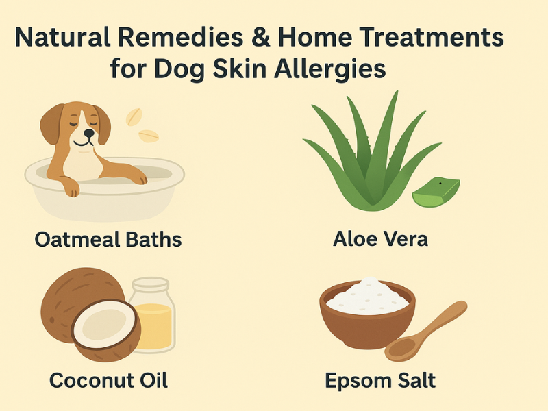 Infographic showing natural remedies and home treatments for dog skin allergies, including oatmeal baths, coconut oil, aloe vera, and dietary changes.