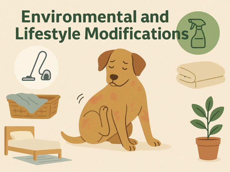 Dog with skin allergies sitting calmly beside a clean bed, air purifier, and natural home environment showing lifestyle changes for allergy relief.