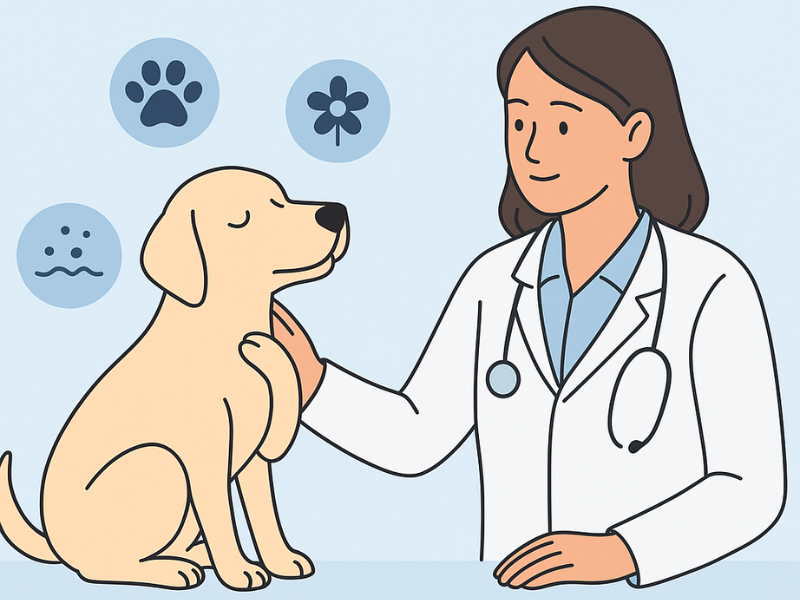 Recongnize of a veterinarian examining a dog with allergy icons and the text “What Are Dog Allergies?” on a light blue background.