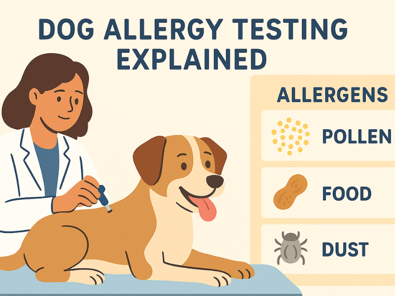 A veterinarian performs an allergy test on a happy dog while showing common allergens like pollen, food, and dust.