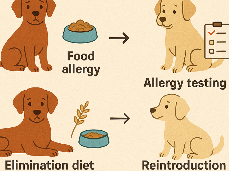 Infographic showing the process of dog food allergy testing and elimination diets through illustrated steps with cartoon dogs and food icons.