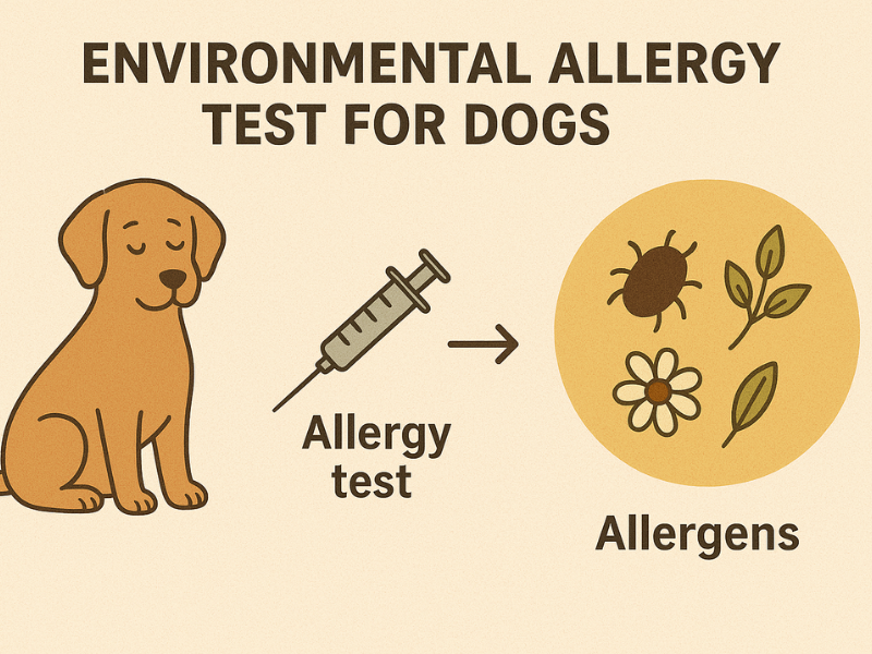 Illustration showing a dog being tested with a syringe, alongside icons representing outdoor elements like pollen, grass, and dust in the air.