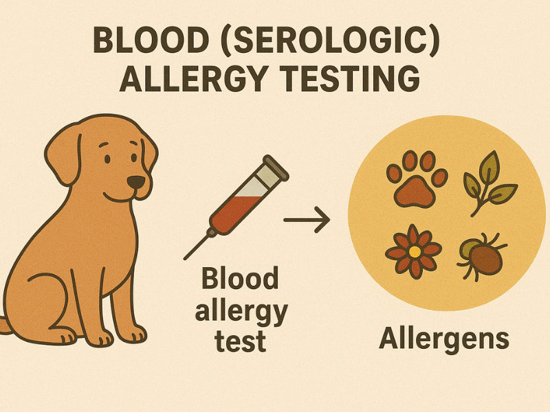 Illustration of a dog having a blood sample taken, with small icons representing environmental triggers like plants, pollen, and dust mites.