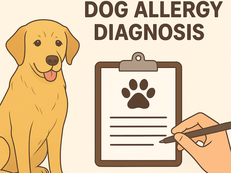 Illustration of a golden retriever sitting beside a clipboard labeled "Dog Allergy Diagnosis," with a hand holding a pen as if filling out the form.