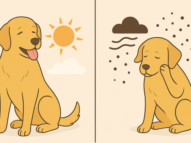 Illustration comparing seasonal and year-round allergies in dogs, showing one happy golden retriever under a sunny sky and another scratching itself under cloudy, dusty air.