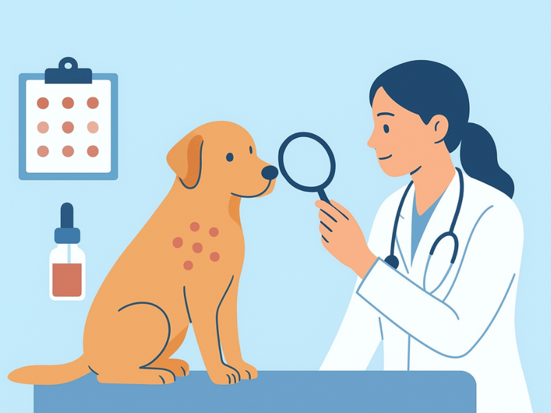 Veterinary specialist assessing a dog’s skin sensitivities with a magnifier during an allergy examination.