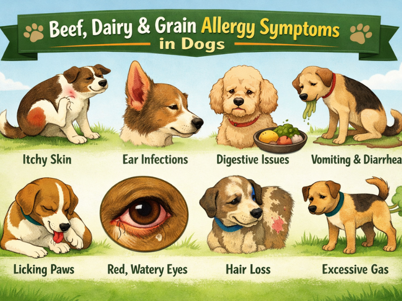Beef, dairy, and grain allergy symptoms in dogs including itchy skin, ear infections, digestive issues, vomiting, diarrhea, hair loss, red eyes, and excessive gas