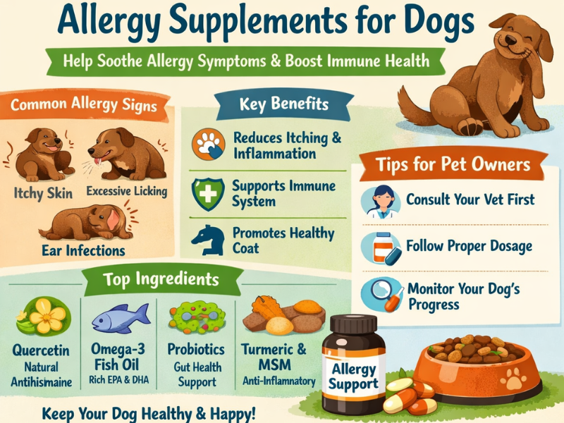 Infographic showing allergy supplements for dogs, including omega-3 fish oil, probiotics, quercetin, and turmeric to relieve itching, skin allergies, and ear infections
