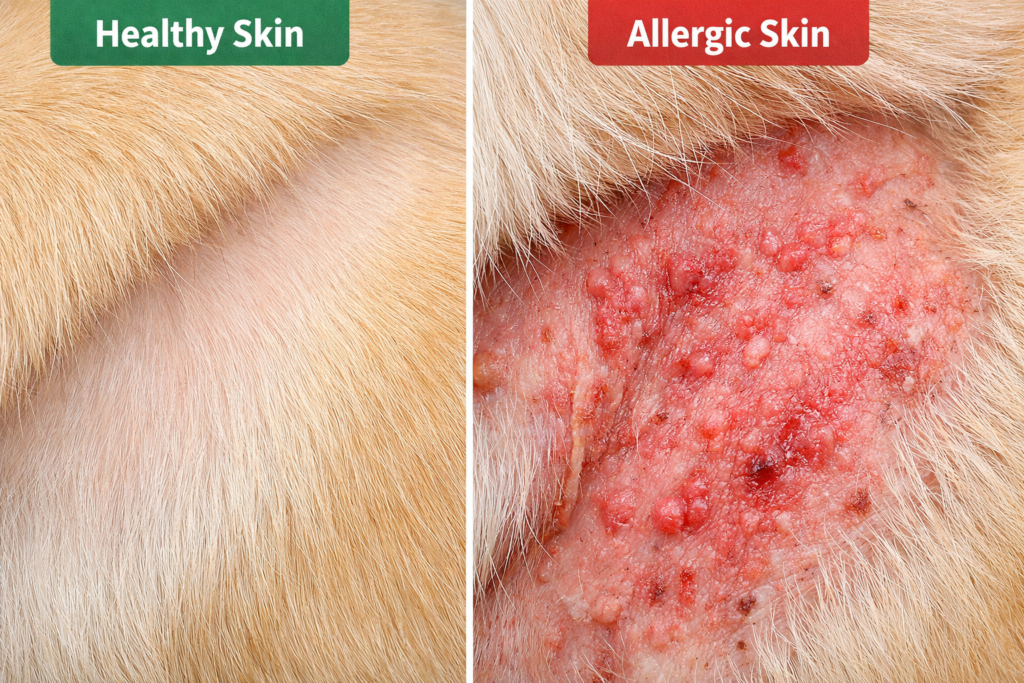 Close-up comparison of a dog’s skin showing healthy clear skin with shiny fur on one side and red inflamed allergic skin with irritation on the other side.
