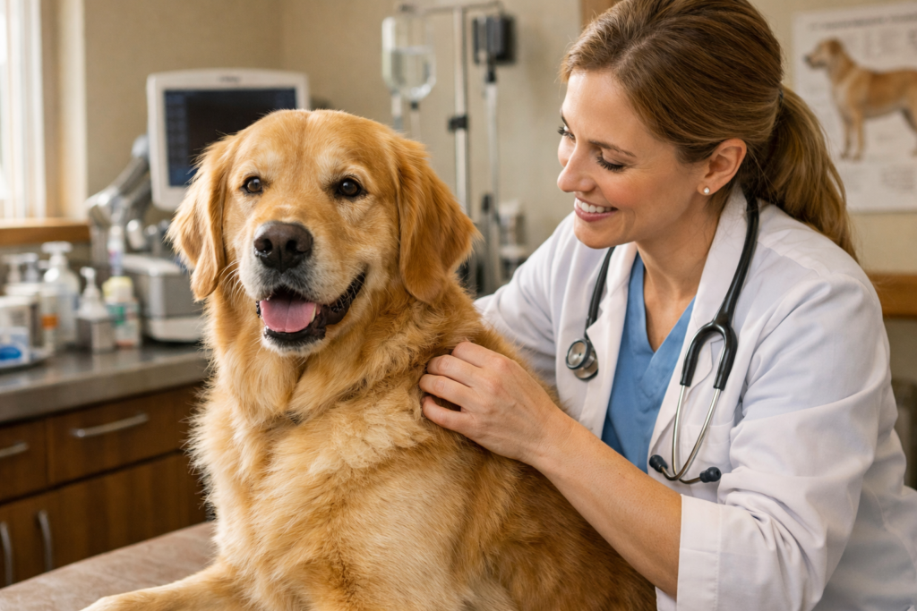 A calm golden retriever sitting on an exam table while a friendly veterinarian gently examines the dog’s skin in a well-lit veterinary clinic.