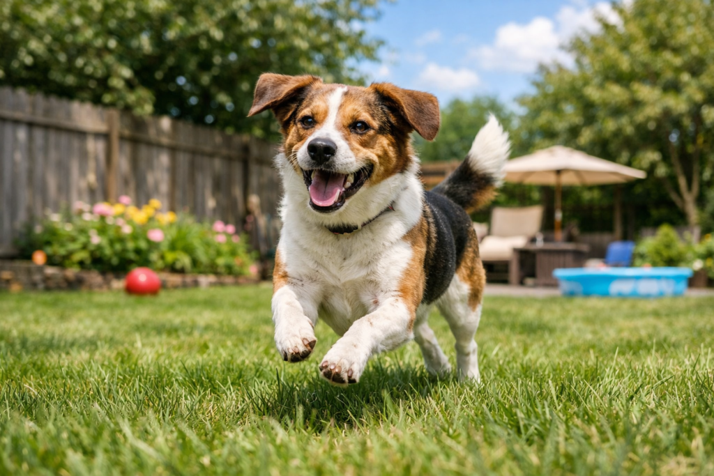 A happy, healthy dog running freely on green grass in a sunny backyard after successful allergy treatment.Description: