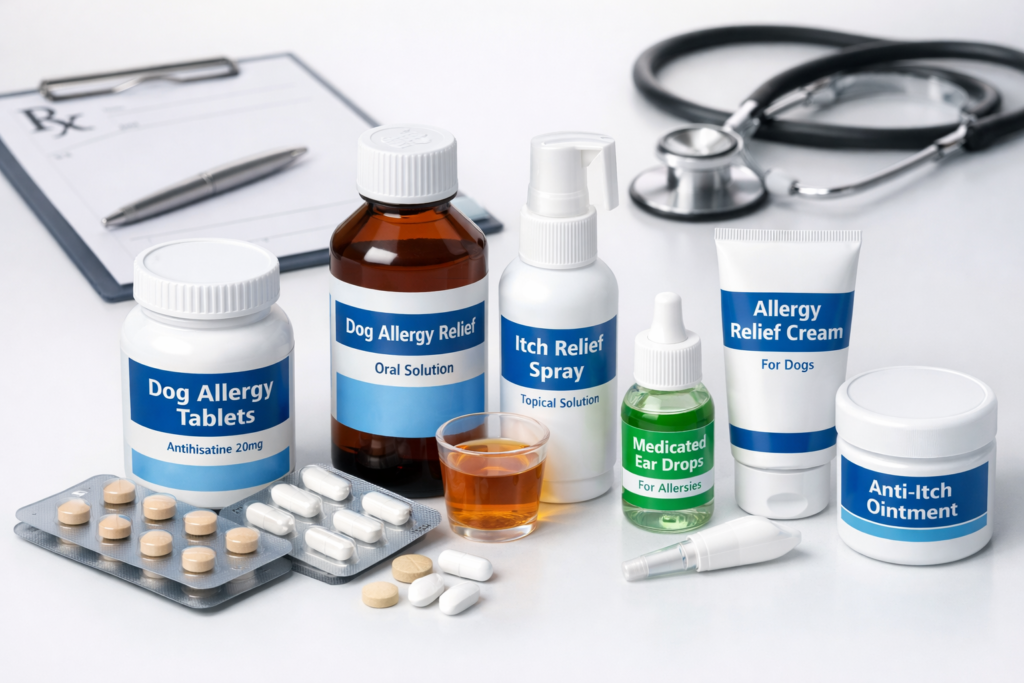 A clean, organized arrangement of dog allergy treatments including tablets, liquid medicine bottles, topical creams, and ear drops on a white surface