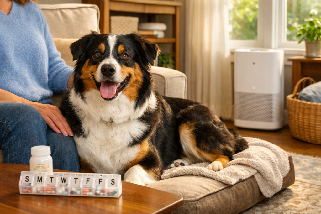 Happy, healthy dog with a shiny coat sitting next to its owner in a clean home, showing successful allergy treatment with medication organizer and air purifier in the background.