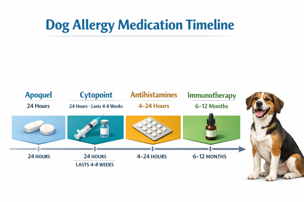 Infographic timeline showing dog allergy medications and how quickly they work, including Apoquel in 24 hours, Cytopoint lasting 4–8 weeks, antihistamines in 4–24 hours, and immunotherapy taking 6–12 months, with medication icons and a healthy dog.
