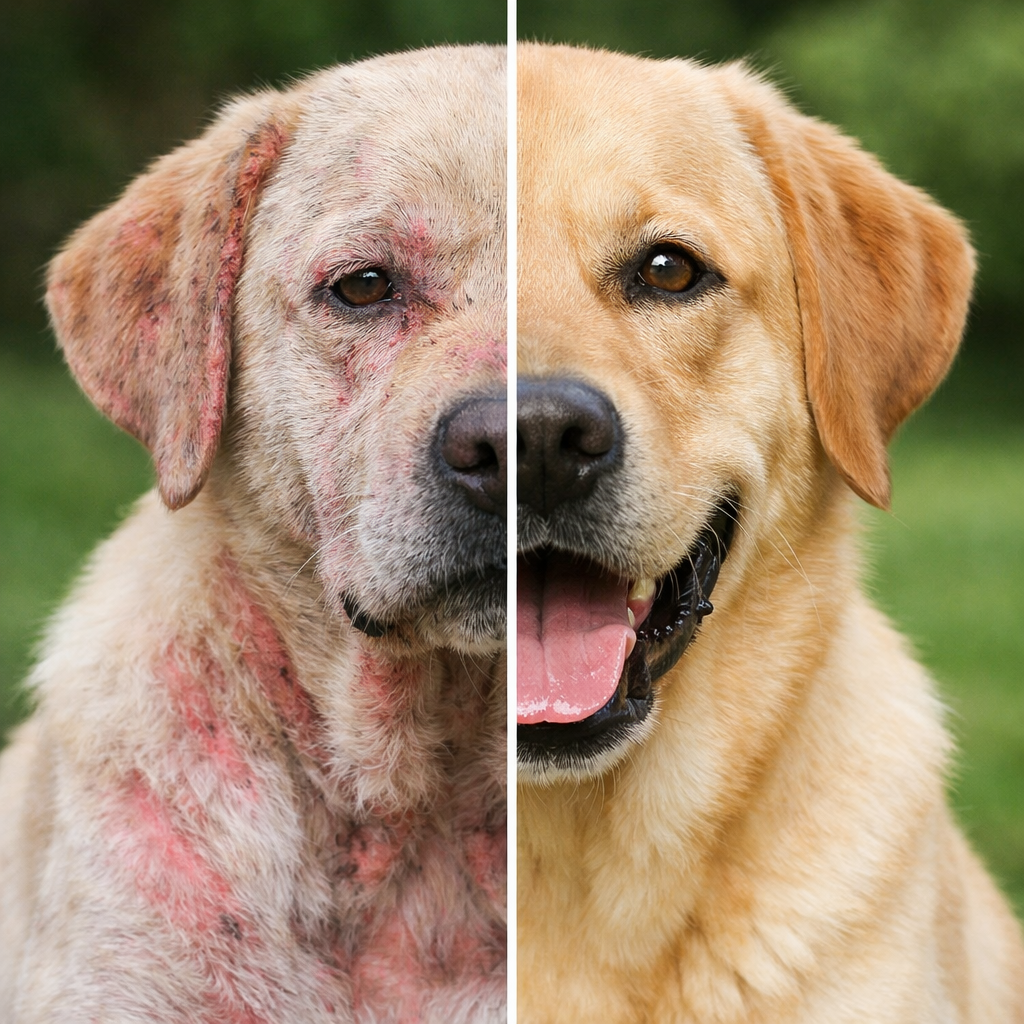 Before and after comparison of a Labrador Retriever showing severe skin allergies with redness and hair loss on the left, and healthy skin with a shiny coat after allergy immunotherapy on the right