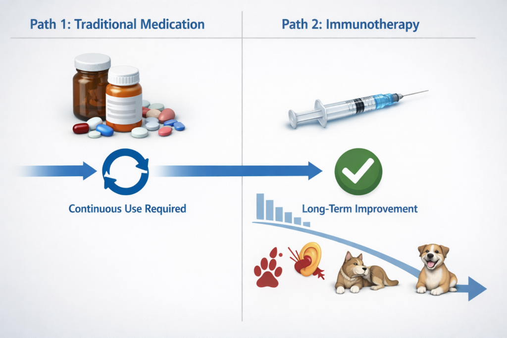Side-by-side veterinary educational diagram comparing traditional dog allergy medication requiring continuous use versus immunotherapy showing long-term improvement with reduced symptoms over time