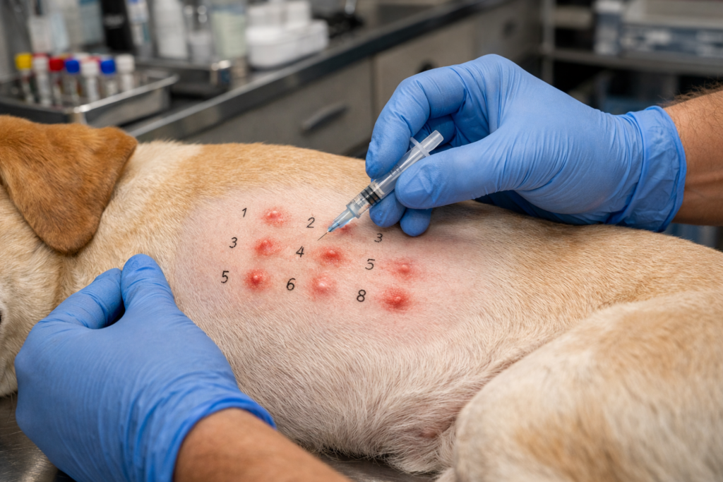 Veterinarian performing intradermal allergy test on a dog, showing multiple injection sites with varying allergic reactions on shaved skin in a clinical veterinary setting