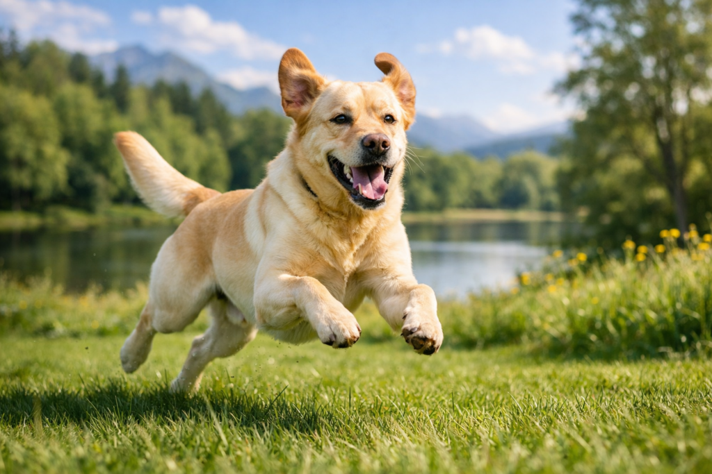 Happy healthy Labrador running and jumping in a park with a shiny coat, representing successful allergy treatment and itch-free life