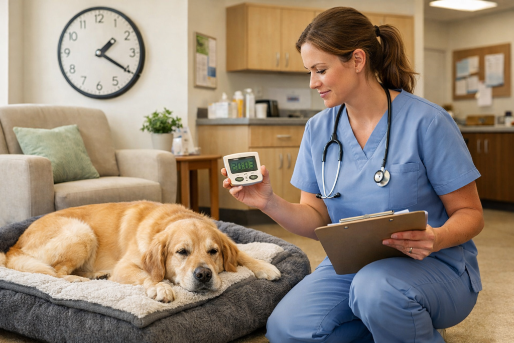 Veterinarian closely monitoring a calm dog resting on a cushioned mat after receiving an allergy injection in a comfortable veterinary clinic waiting area, showing safe post-injection observation.