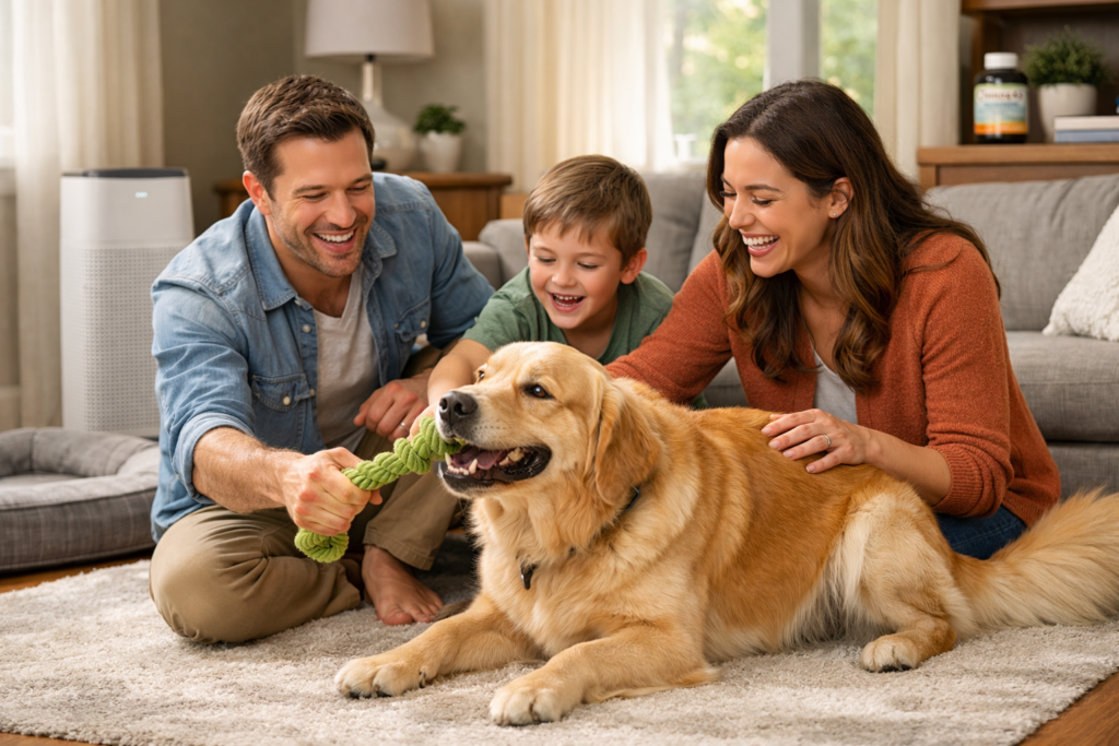 Happy family playing with a healthy golden retriever in a clean, allergy-friendly living room with air purifier, natural light, and a comfortable home environment.
