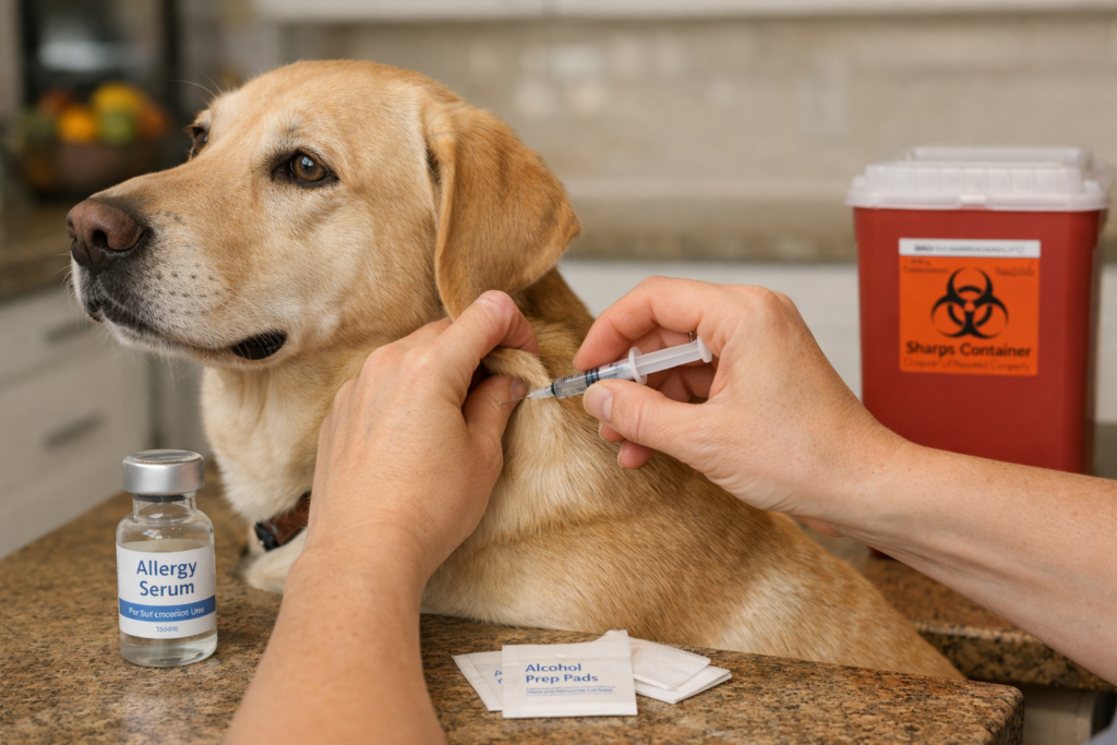 Pet owner administering a subcutaneous injection to a calm dog at home using proper technique.
