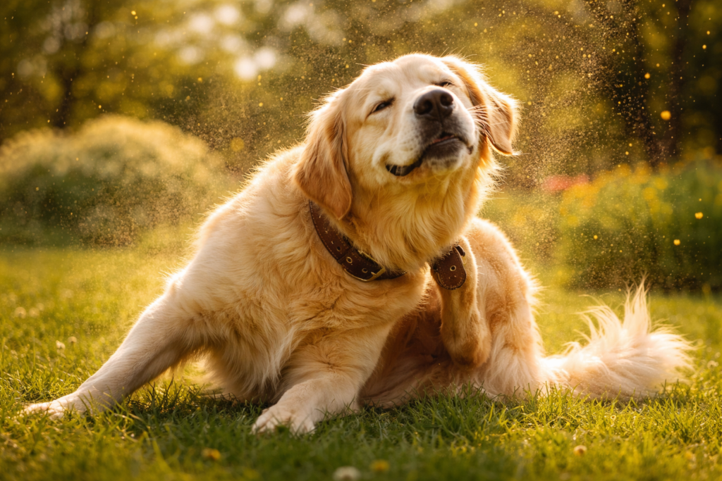 Golden retriever scratching its neck outdoors during pollen season, showing signs of seasonal allergies