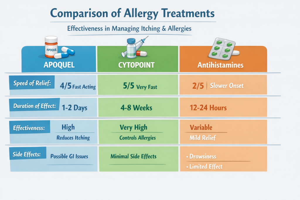 Medical infographic comparing Apoquel, Cytopoint, and antihistamines showing speed of relief, duration, effectiveness, and side effects for canine allergies.