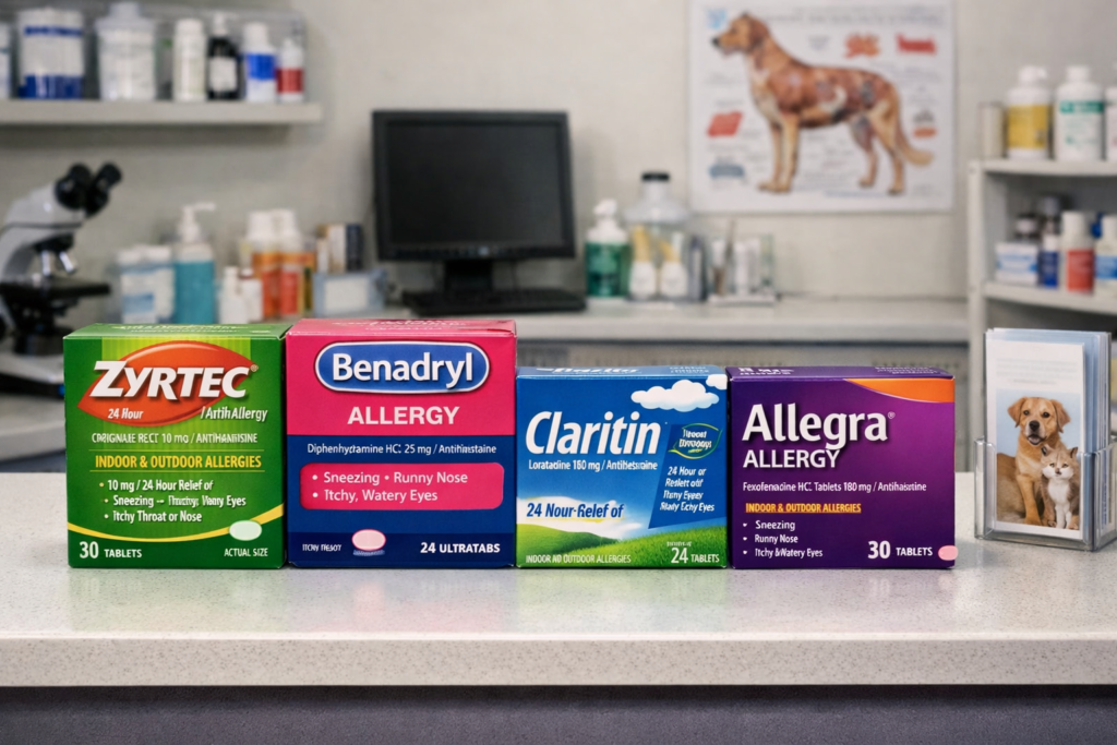 Over-the-counter antihistamines including Zyrtec, Benadryl, Claritin, and Allegra displayed on a veterinary clinic counter with medical equipment in the background.