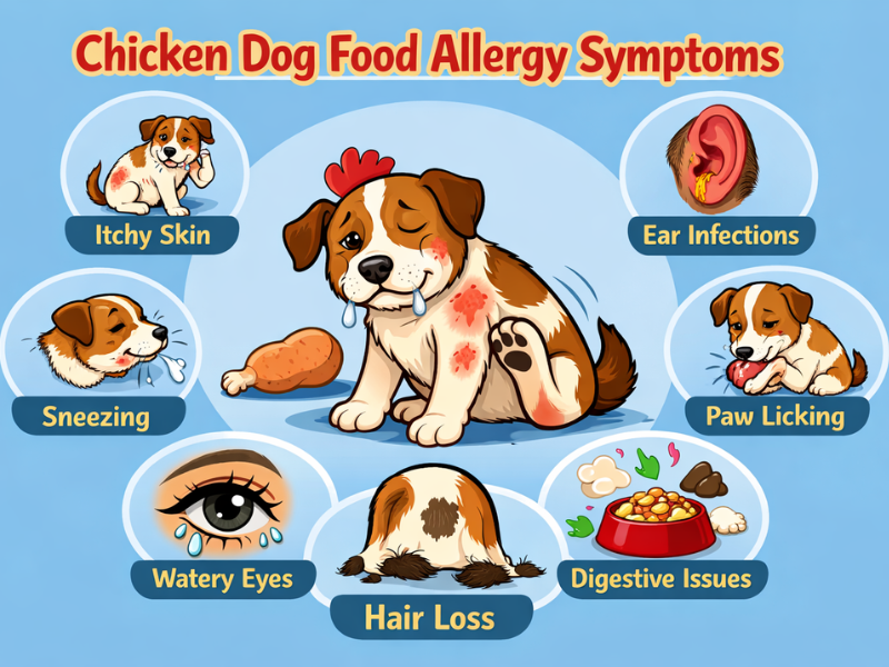 Chicken dog food allergy symptoms shown in a dog with itchy skin, ear infections, paw licking, watery eyes, sneezing, digestive problems, and hair loss