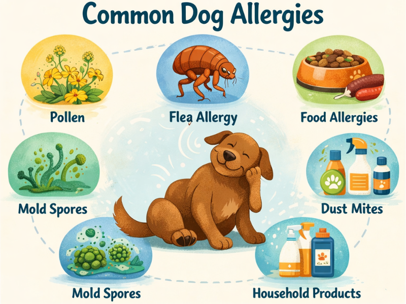 Illustration of a dog scratching due to allergies with visual icons showing pollen, fleas, food, mold, dust mites, and household chemicals as common dog allergy triggers