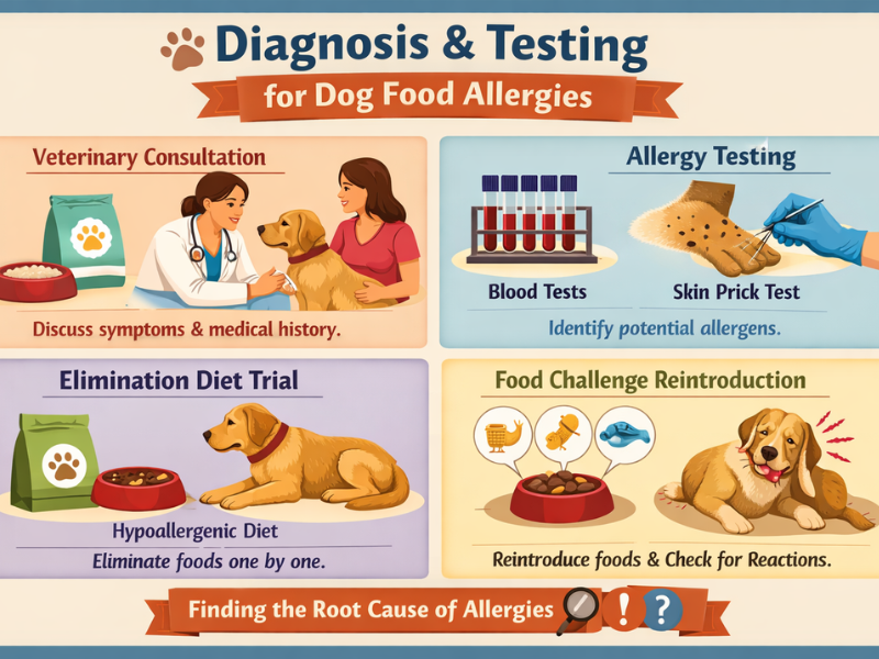 Diagnosis and testing process for dog food allergies showing veterinary consultation, blood testing, elimination diet trial, and food reintroduction to identify allergens