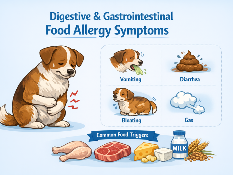 “Dog showing signs of digestive upset with icons representing vomiting, diarrhea, bloating, and gas, alongside illustrations of common food triggers”