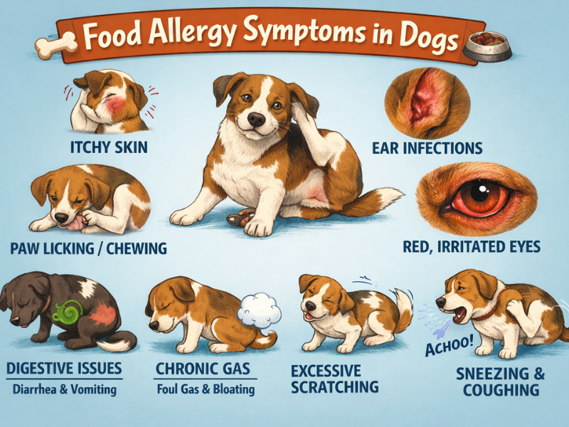 Food allergy symptoms in dogs infographic showing itchy skin, ear infections, paw licking, digestive issues, gas, red eyes, excessive scratching, sneezing, and coughing