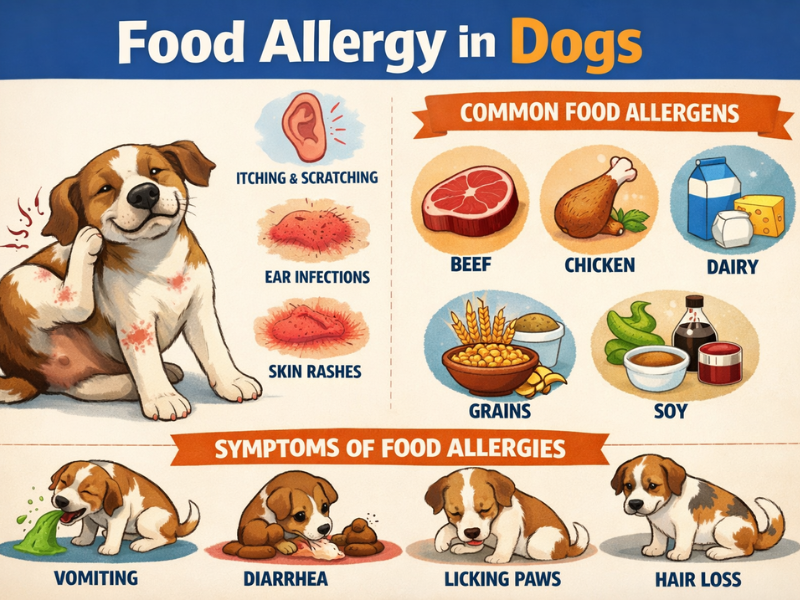 Food allergy symptoms in dogs showing itching, ear infections, skin rashes, vomiting, diarrhea, hair loss, and common food allergens like beef, chicken, dairy, grains, and soy.