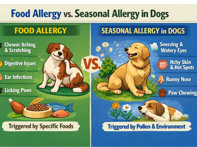 Food allergy vs seasonal allergy in dogs comparison showing symptoms, triggers, and allergic reactions in canines