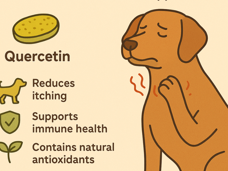 Quercetin for dogs infographic showing natural anti-itch support that helps reduce itching, supports immune health, and provides antioxidant benefits for dogs with allergies