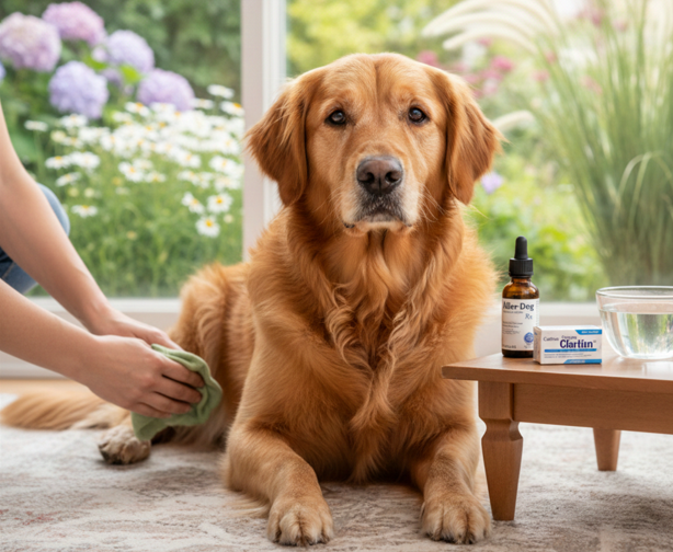 A high-quality photo of a Golden Retriever sitting indoors near a window with seasonal flowers outside, showing pet allergy medicine and a person cleaning the dog's paws for preventive care.