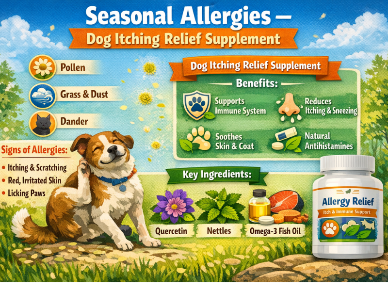 Infographic showing seasonal dog allergies and itching relief supplement, highlighting allergens like pollen and grass, allergy symptoms, immune support benefits, and natural ingredients such as quercetin, nettles, and omega-3 fish oil.