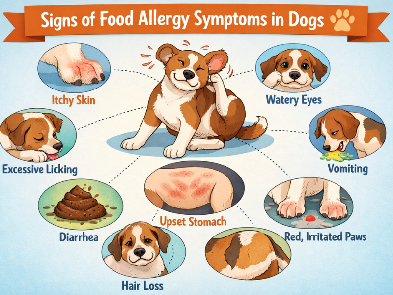 Illustrated infographic showing common food allergy symptoms in dogs, including itchy skin, vomiting, diarrhea, hair loss, watery eyes, red paws, excessive licking, and upset stomach.