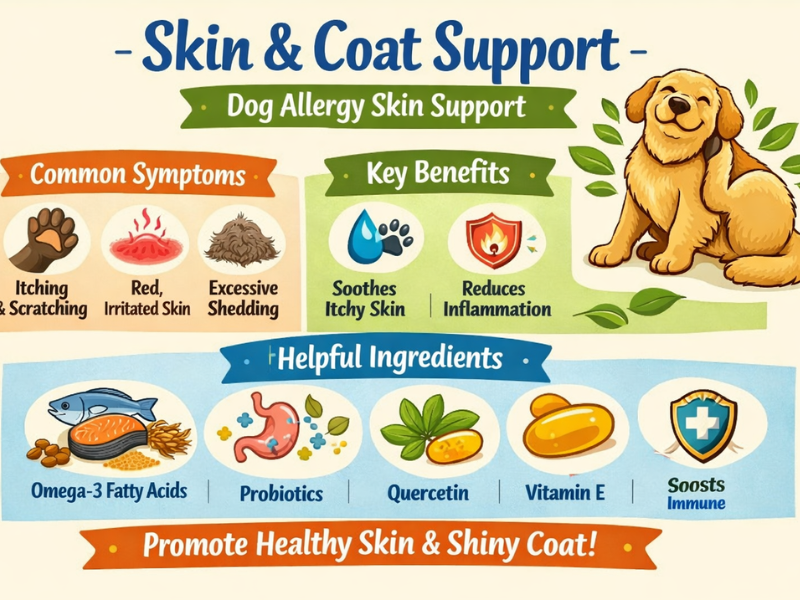 Dog skin and coat support infographic showing allergy relief benefits, soothing itchy skin, reducing shedding, and key ingredients like omega-3, probiotics, quercetin, and vitamin E for dogs.