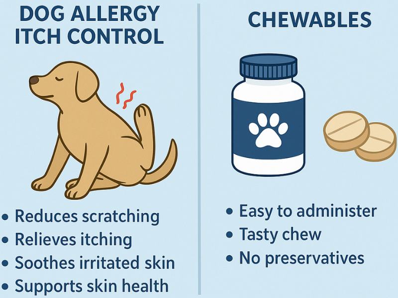 Dog allergy symptom relief infographic showing itch control benefits and chewable supplements that reduce scratching, relieve itching, and support healthy dog skin