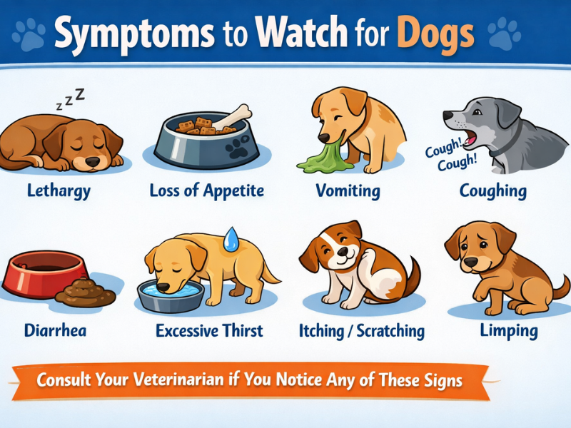 Infographic showing common dog health symptoms such as lethargy, vomiting, coughing, diarrhea, itching, and limping.