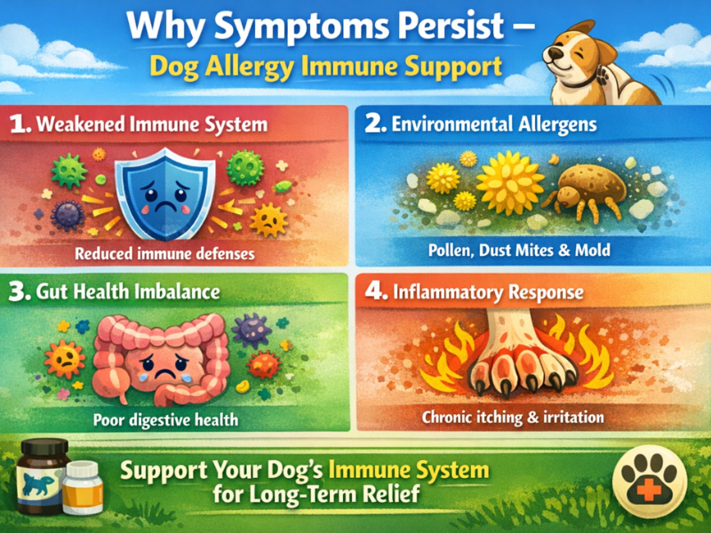 Infographic explaining why dog allergy symptoms persist, highlighting weakened immune system, environmental allergens, gut health imbalance, and chronic inflammation.